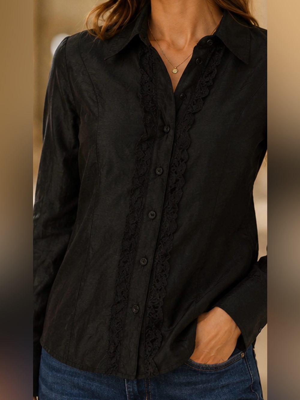 CAROL ANDERSON 100% SILK BUTTON BLACK LONG SLEEVE RUFFLES FRONT BLOUSE S
